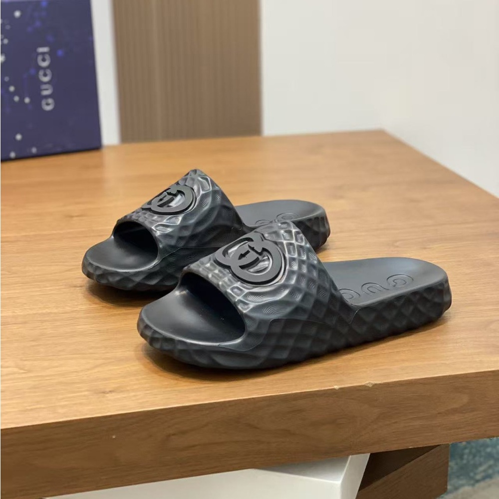 Gucci Embossed Black Slide Sandals